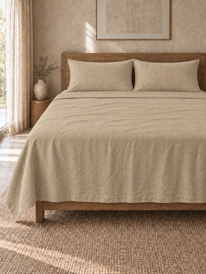 Linen flat sheet set in Flax on a wooden bed