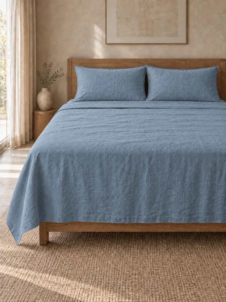 Linen flat sheet set in Muted blue on a wooden bed