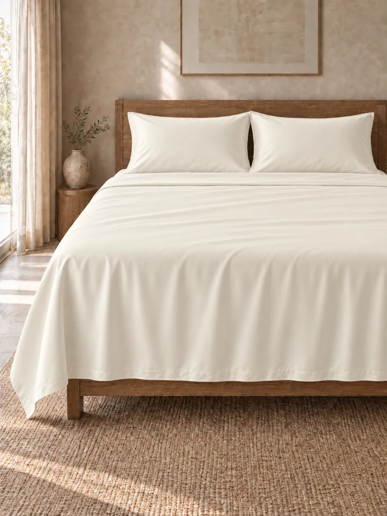 TENCEL™ flat sheet set in Ivory on a wooden bed