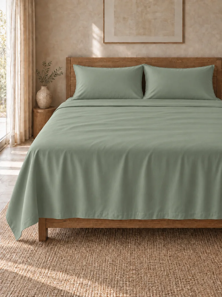TENCEL™-cotton flat sheet set in Eucalyptus on a wooden bed