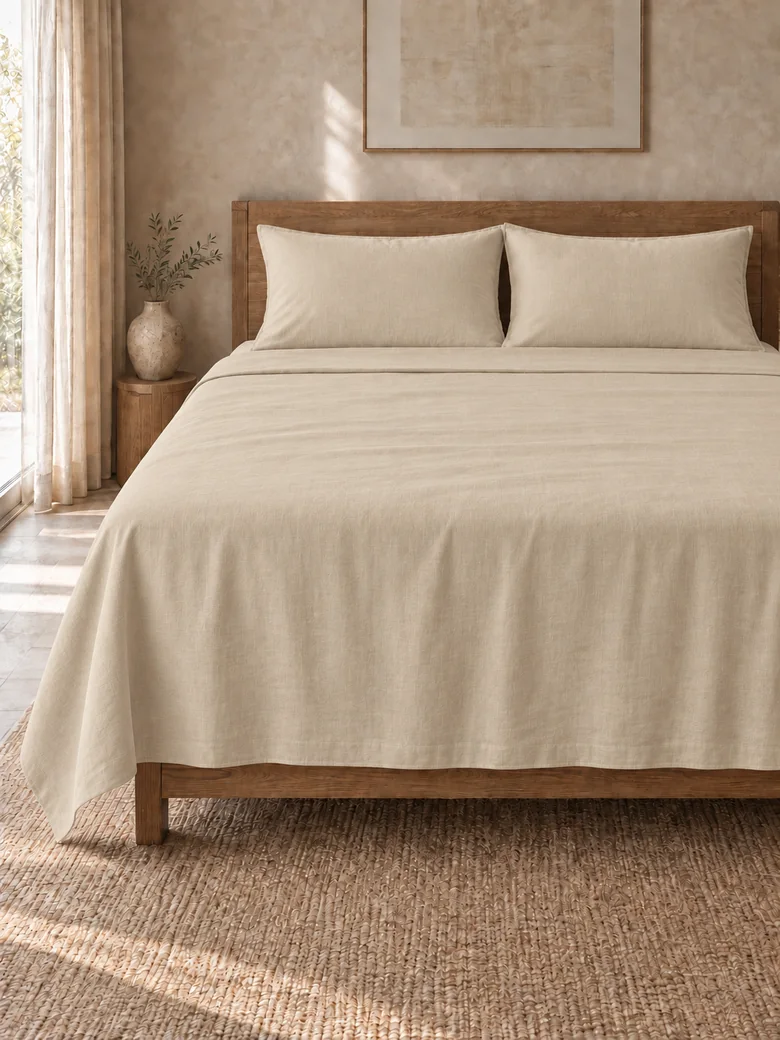 TENCEL™-linen flat sheet set in Oatmeal on a wooden bed