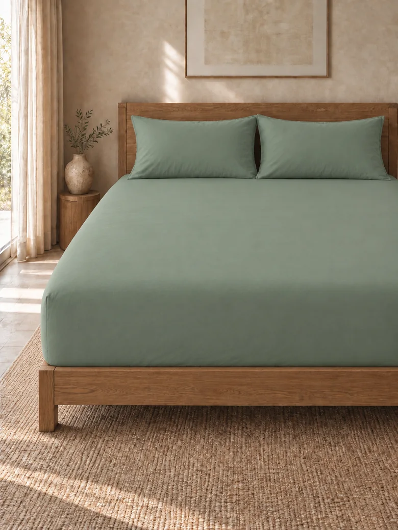 Egyptian cotton fitted sheet set in Eucalyptus on a wooden bed