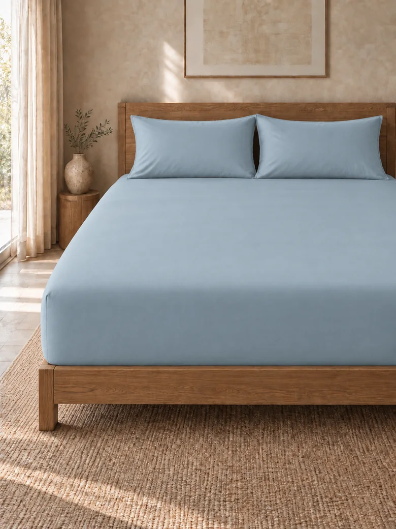 Egyptian cotton fitted sheet set in Muted blue on a wooden bed