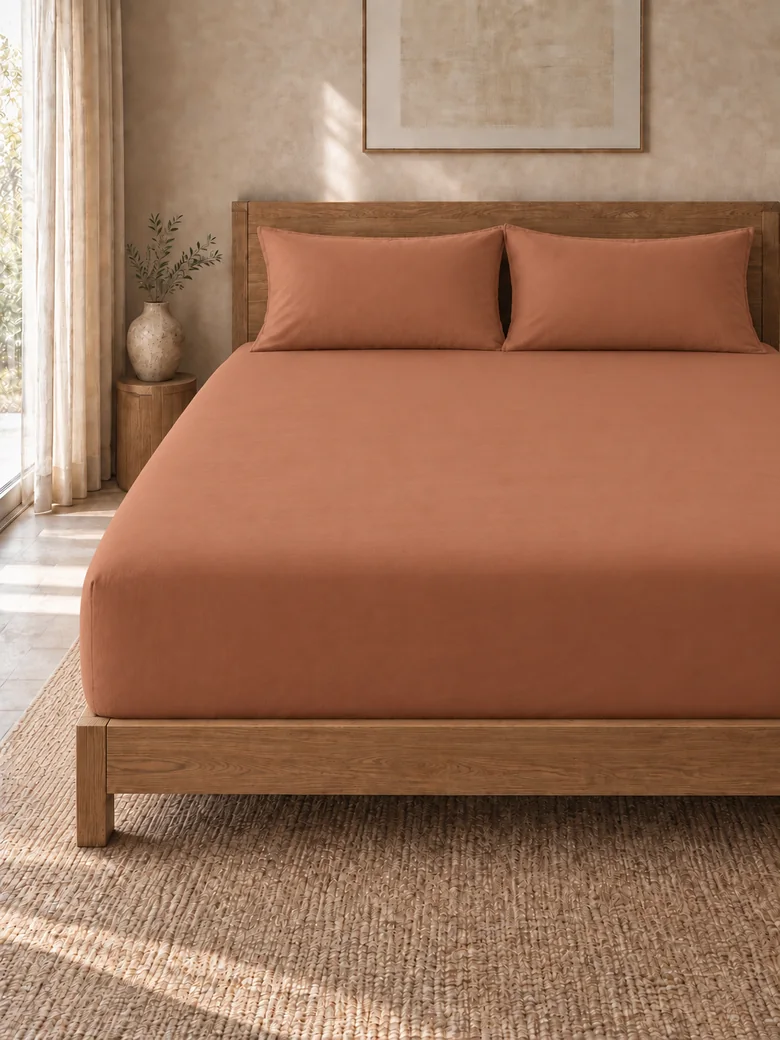 Indian cotton fitted sheet set in Terracotta on a wooden bed