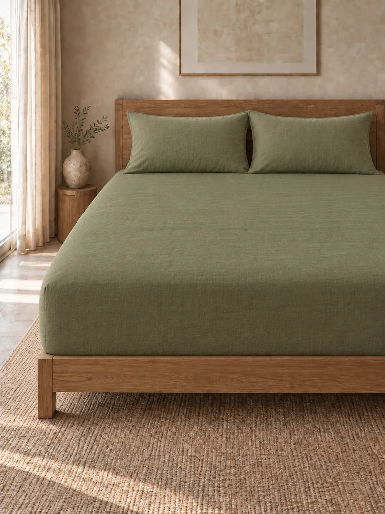 Linen-cotton fitted sheet set in Olive on a wooden bed