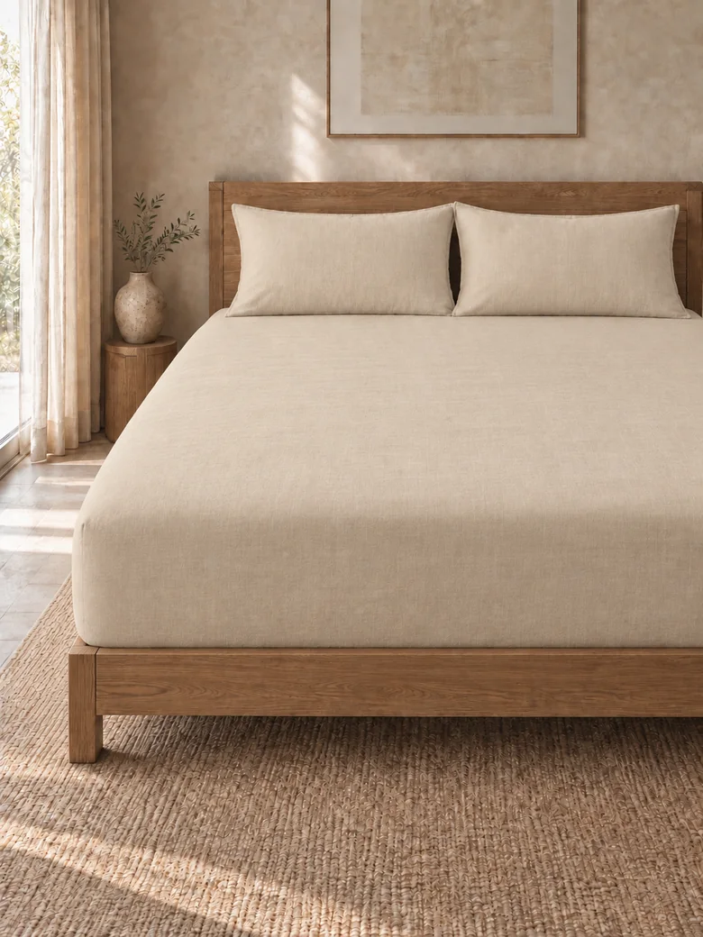 Linen-cotton fitted sheet set in Natural linen on a wooden bed