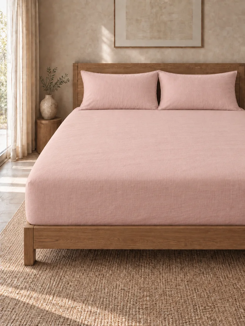 Linen-cotton fitted sheet set in Blush pink on a wooden bed