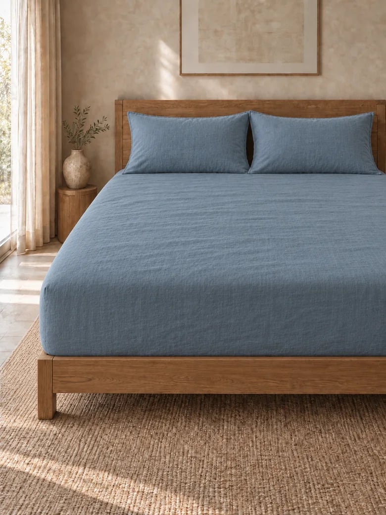 Linen fitted sheet set in Slate blue on a wooden bed
