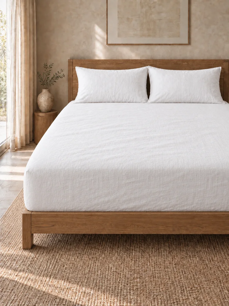 Linen fitted sheet set in White on a wooden bed
