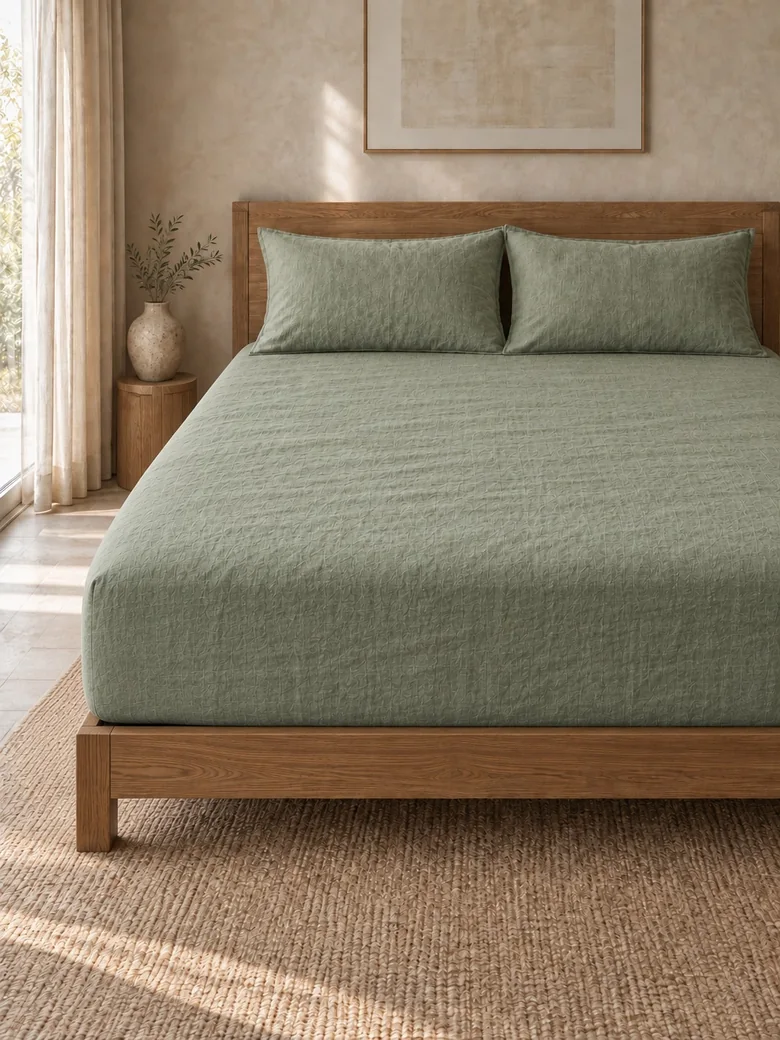 Linen fitted sheet set in Sage on a wooden bed