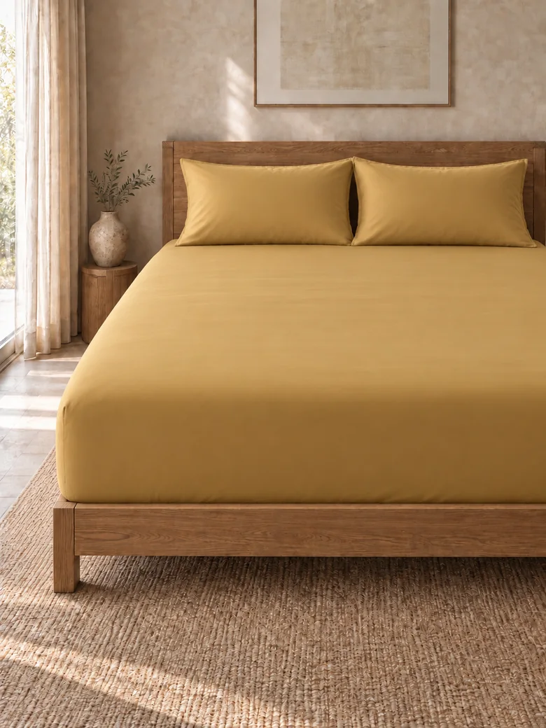 TENCEL™ fitted sheet set in Ochre on a wooden bed