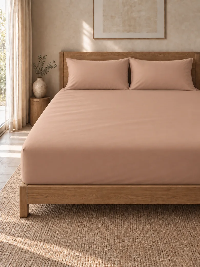TENCEL™-cotton fitted sheet set in Clay on a wooden bed