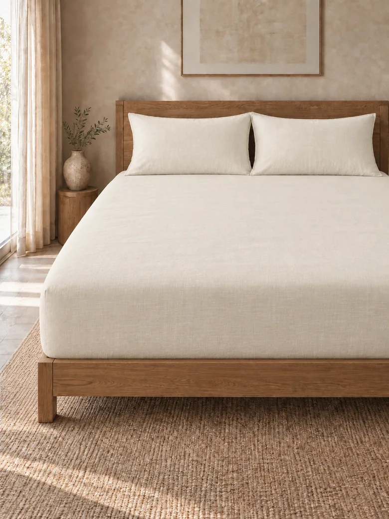 TENCEL™-linen fitted sheet set in Ivory on a wooden bed