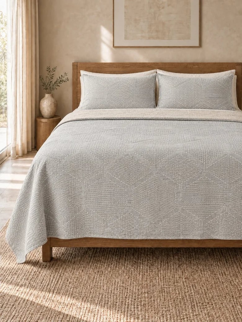 Grey and ecru cotton jacquard coverlet with matching shams on a wooden bed