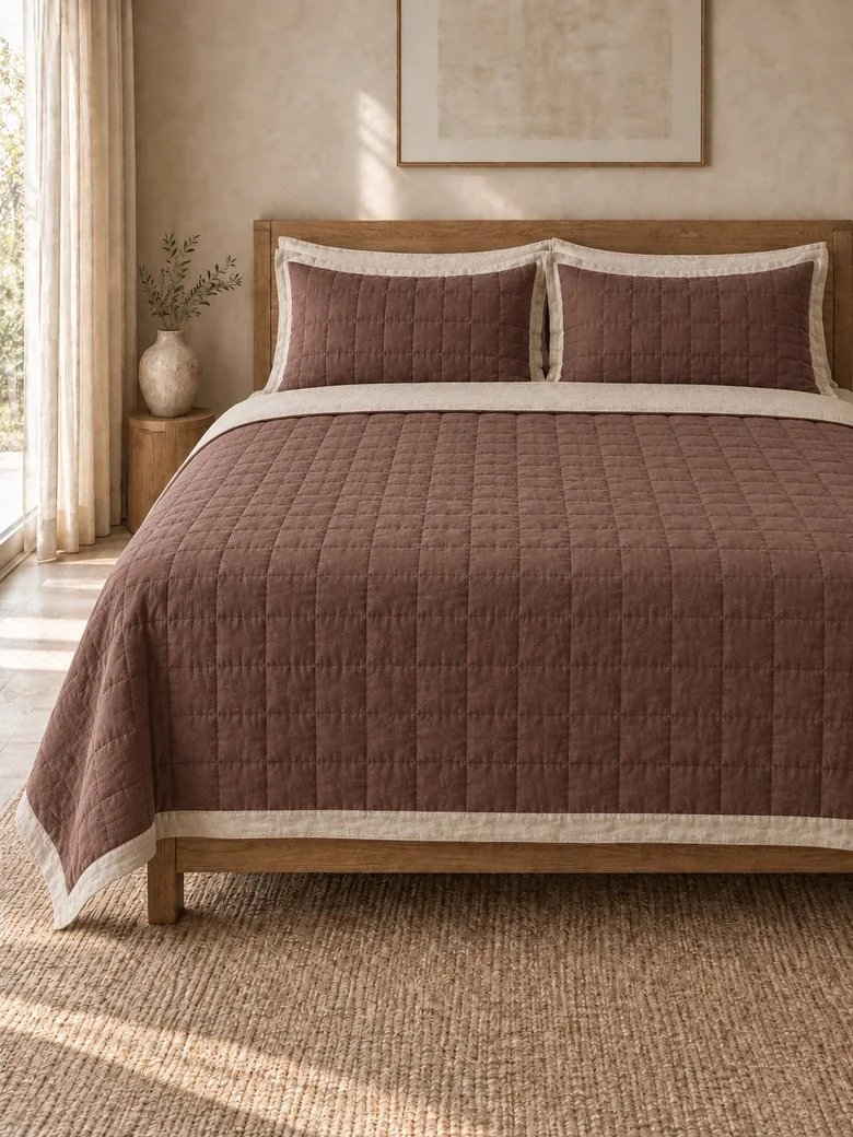 Brown linen quilt with matching shams on a wooden bed