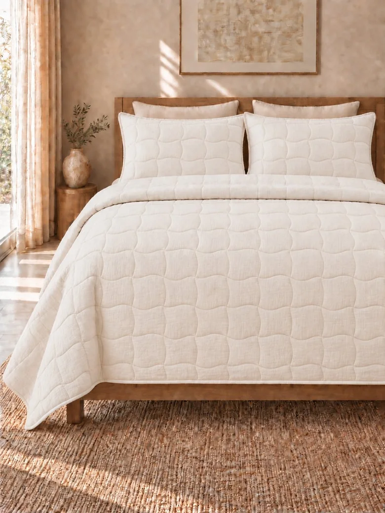 Ivory cotton muslin quilt with matching shams on a wooden bed