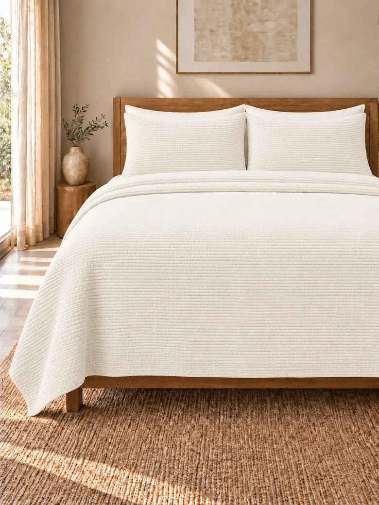 Ivory cotton knit coverlet with matching shams on a wooden bed
