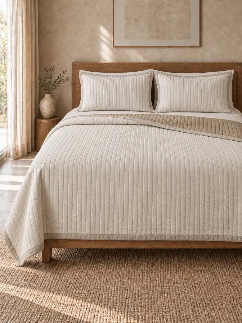 Ivory and natural cotton chenille reversible coverlet with matching shams on a wooden bed
