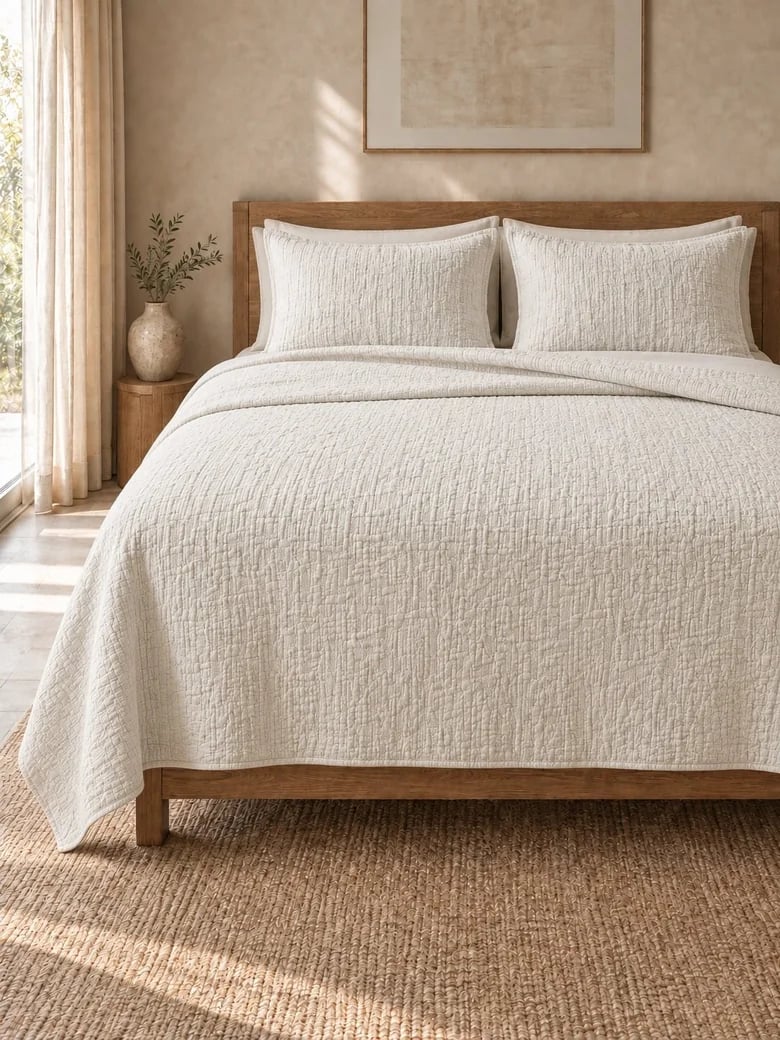 Ivory and white cotton matelassé coverlet with matching shams on a wooden bed