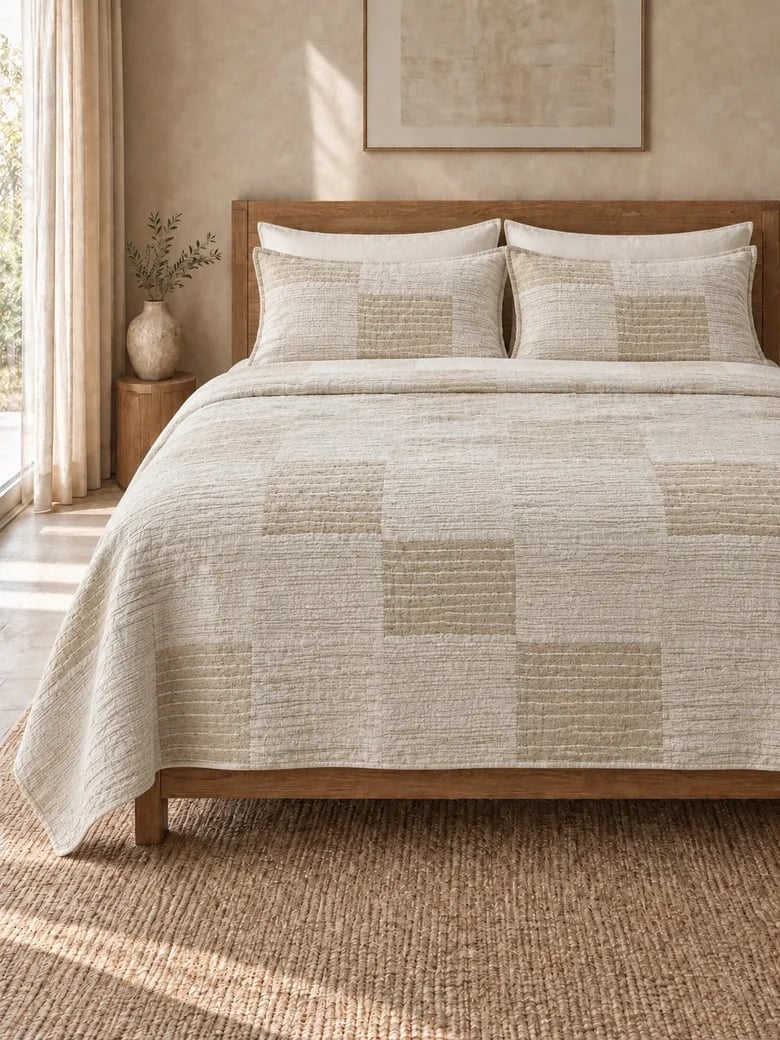 Ivory linen-cotton patchwork coverlet with matching shams on a wooden bed