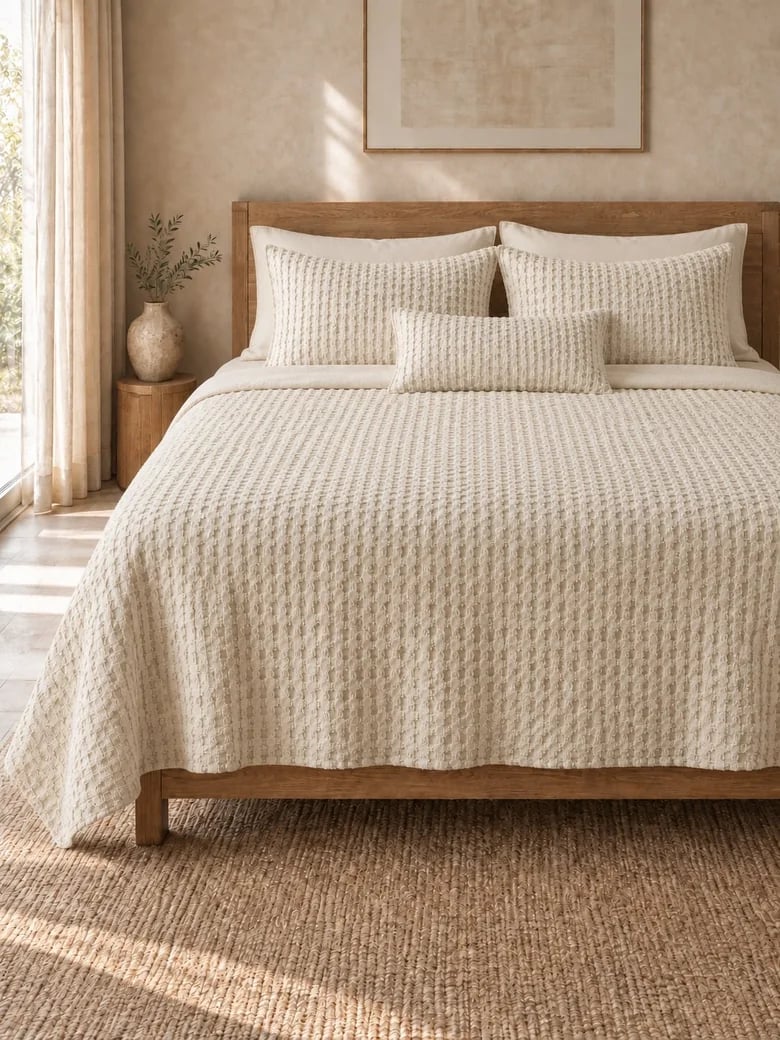 Ivory cotton honeycomb coverlet with matching shams on a wooden bed
