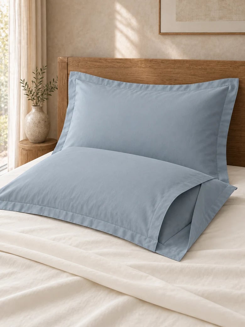 Egyptian cotton pillowcase pair in Muted blue, envelope closure visible