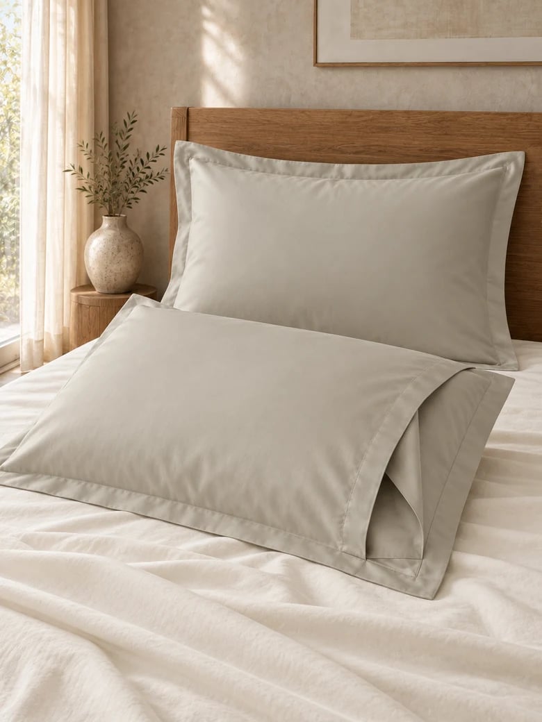 Egyptian cotton pillowcase pair in Stone, envelope closure visible