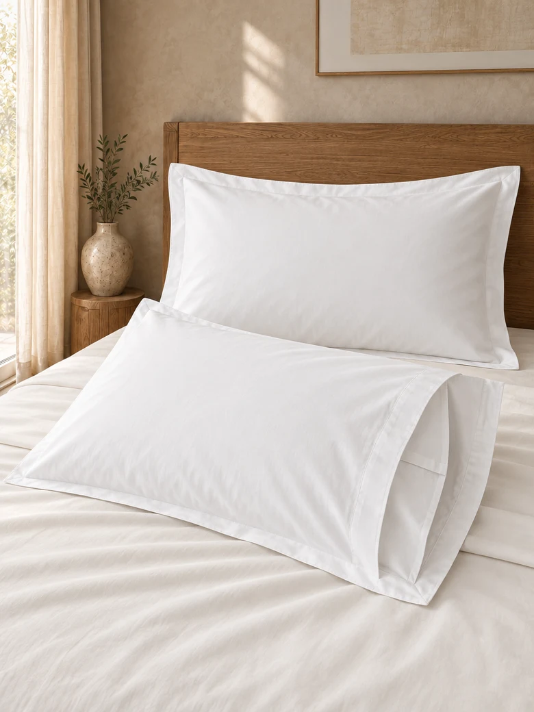 Indian cotton pillowcase pair in White, envelope closure visible
