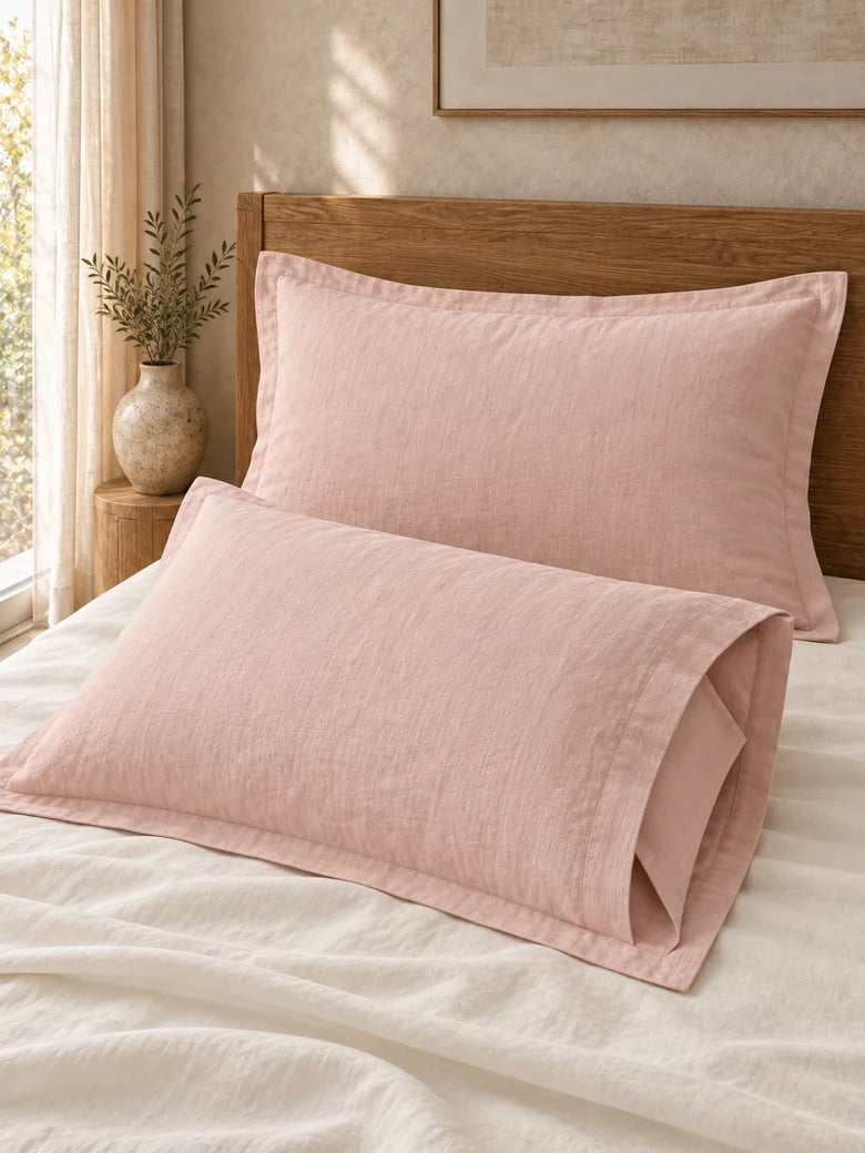 Linen-cotton pillowcase pair in Blush pink, envelope closure visible
