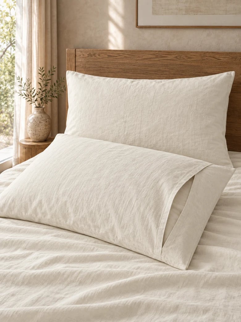 Linen pillowcase pair in Ivory, envelope closure visible