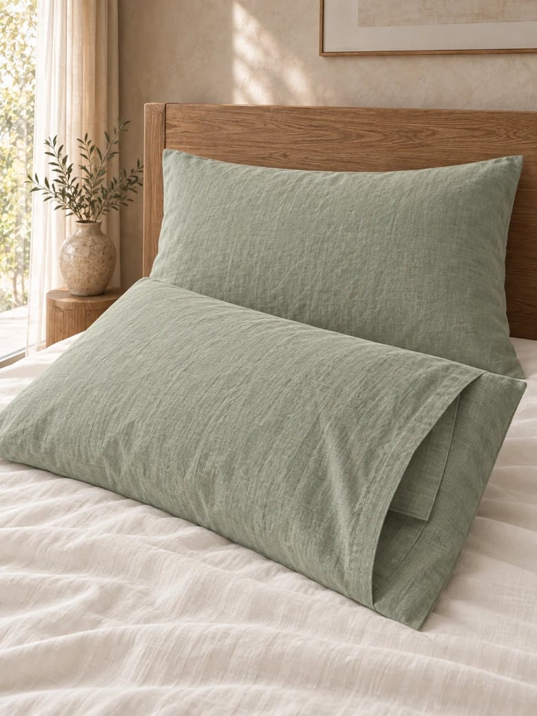 Linen pillowcase pair in Sage, envelope closure visible