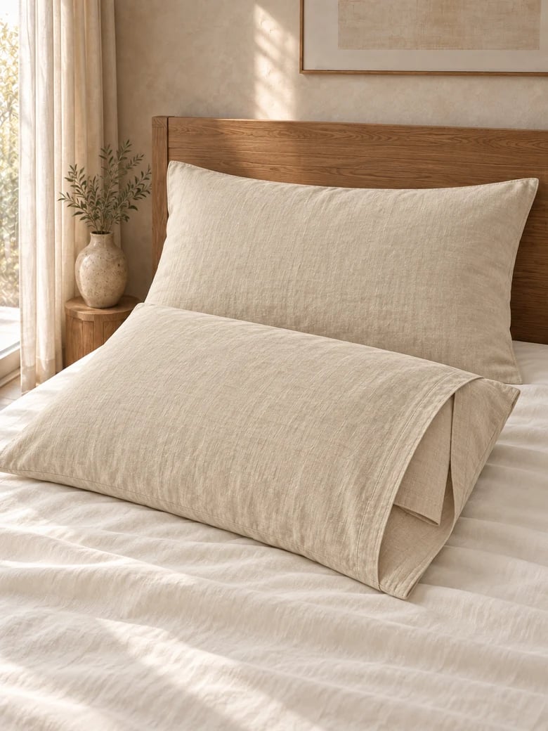 Linen pillowcase pair in Oatmeal, envelope closure visible
