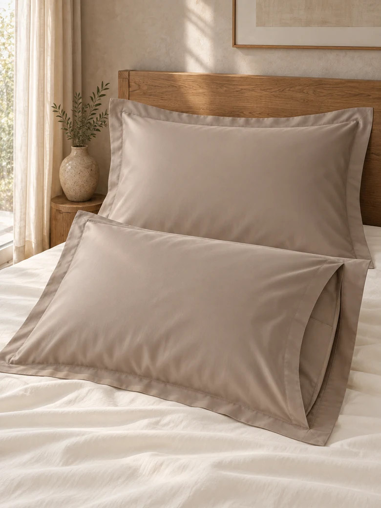 TENCEL™ pillowcase pair in Taupe, envelope closure visible