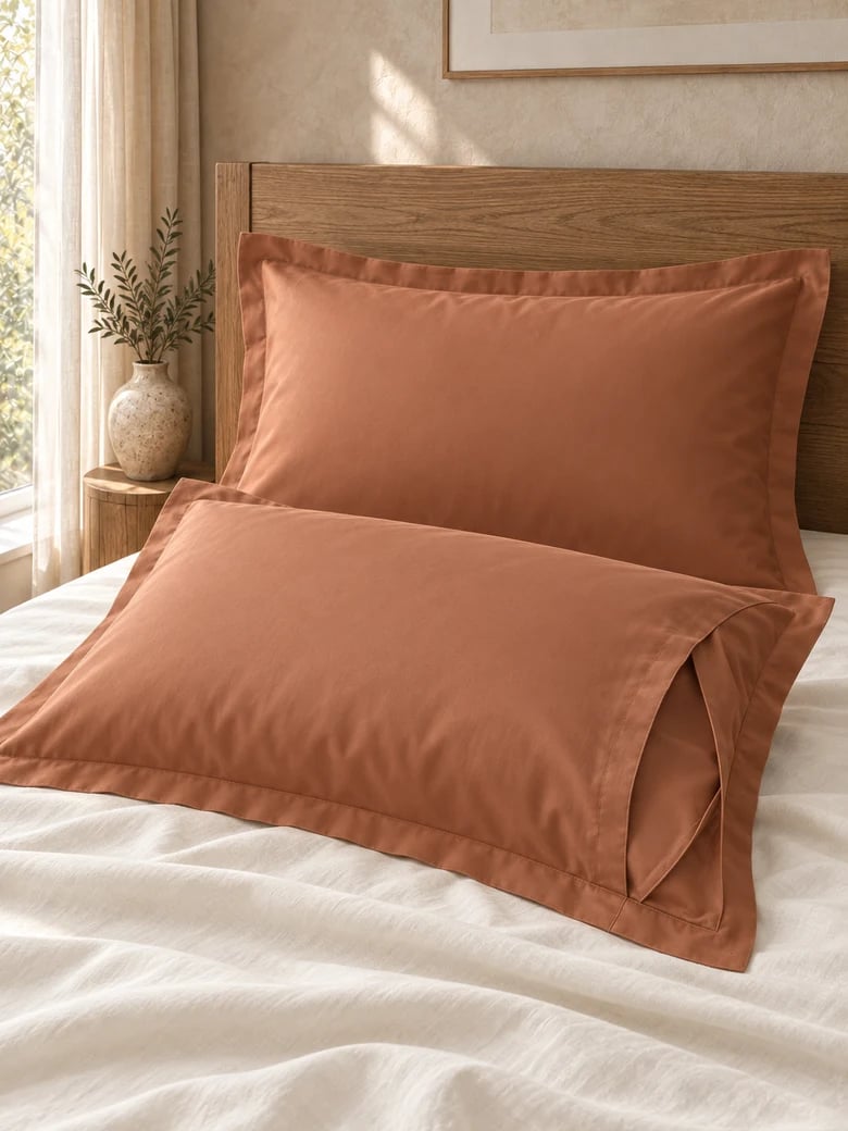 TENCEL™-cotton pillowcase pair in Terracotta, envelope closure visible