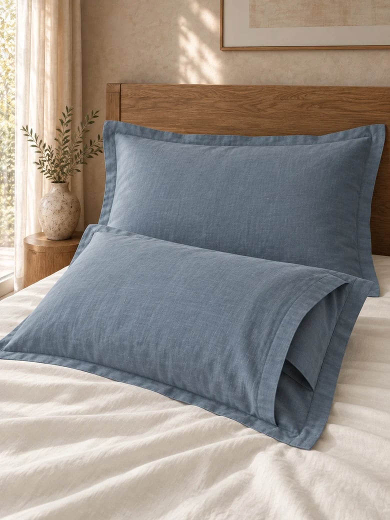 TENCEL™-linen pillowcase pair in Slate blue, envelope closure visible