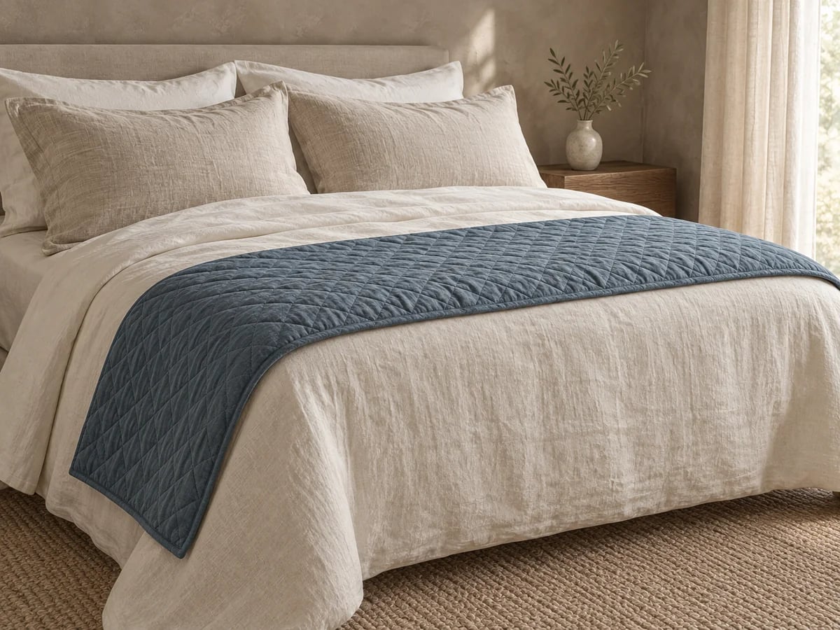 Slate blue quilted bed runner across the foot of an ivory bed
