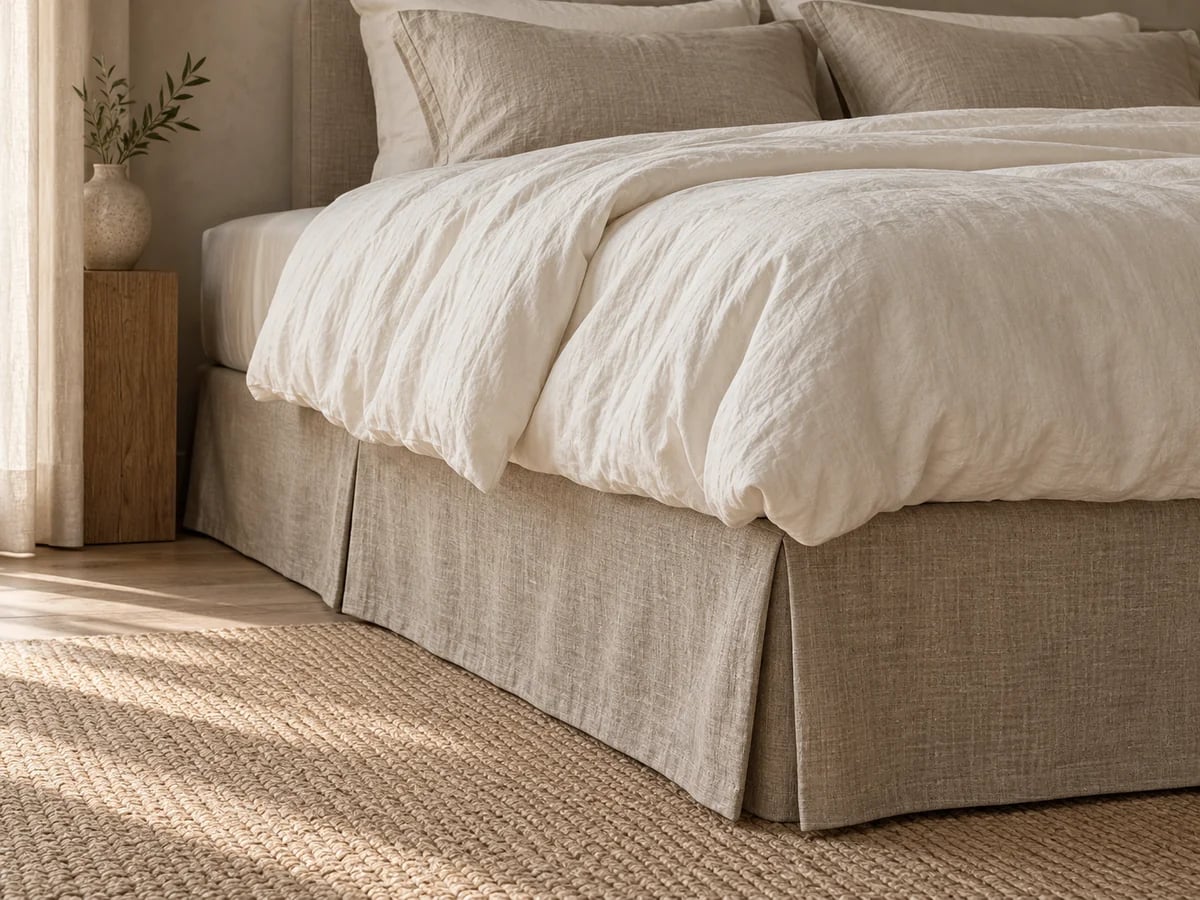 Natural linen tailored bed skirt with corner pleats under white bedding