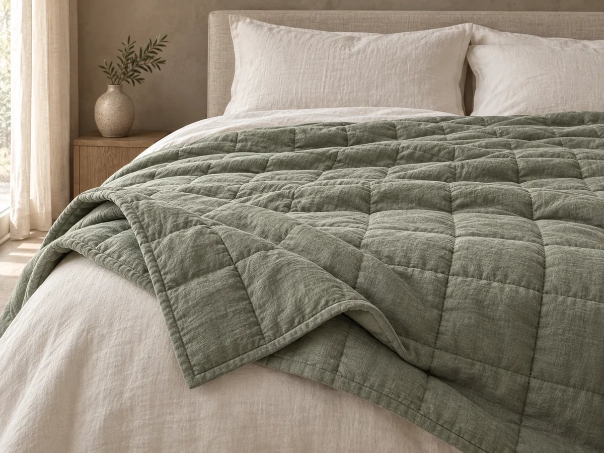 Sage weighted blanket quilted in small square pockets, with a bound edge, on a bed