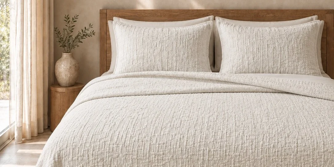 Ivory matelassé coverlet set with two pillow shams on a wooden bed