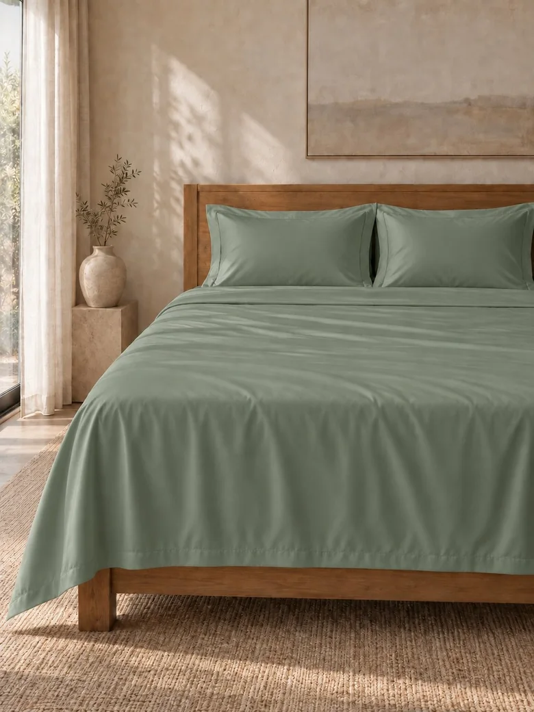 Egyptian cotton sheet set in Sage on a wooden bed