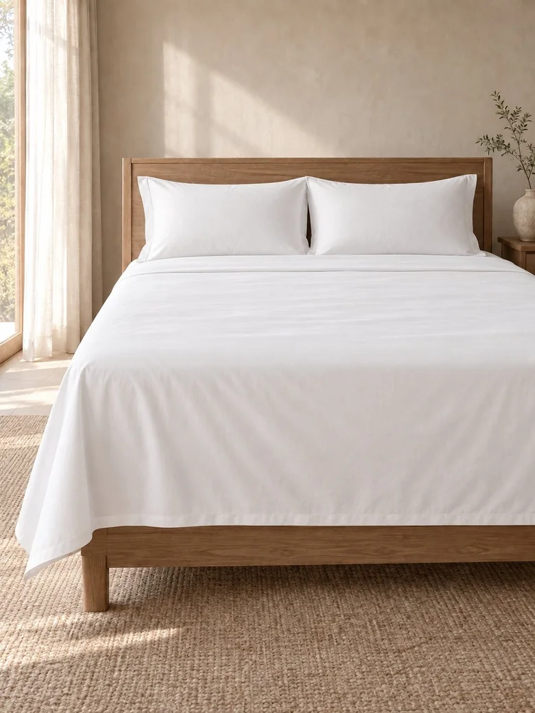 Egyptian cotton sheet set in Ivory on a wooden bed