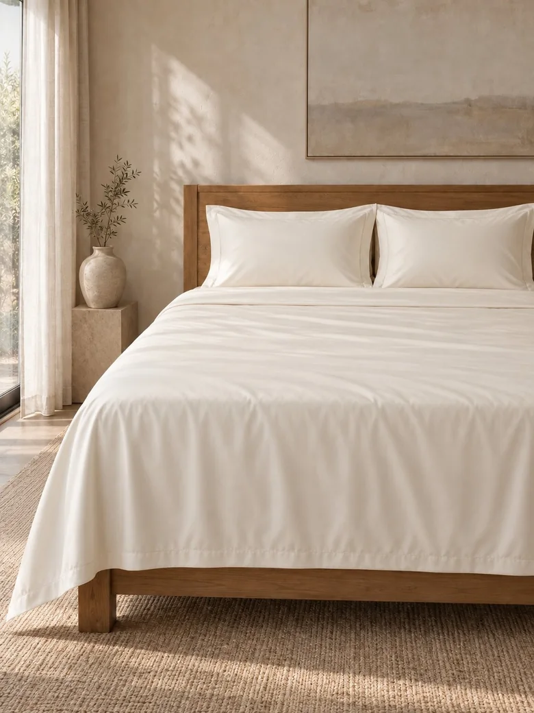 Egyptian cotton sheet set in Ivory on a wooden bed