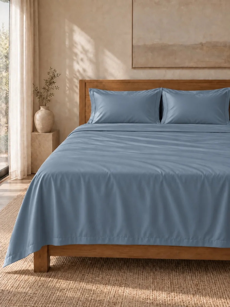 Egyptian cotton sheet set in Slate blue on a wooden bed