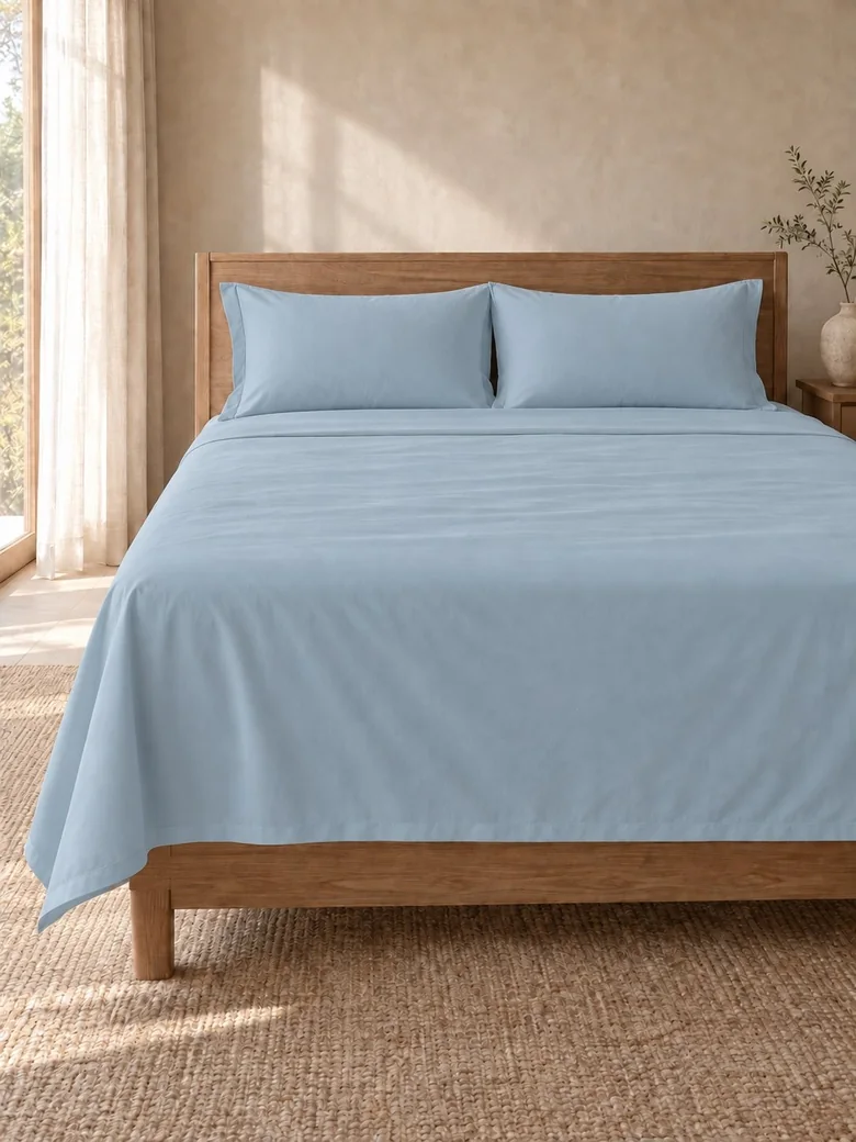 Indian cotton sheet set in Muted blue on a wooden bed