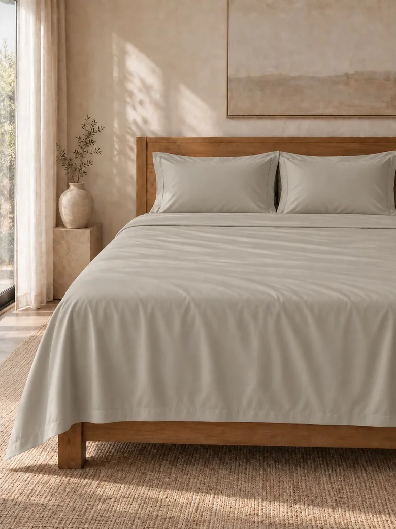 Indian cotton sheet set in Stone on a wooden bed