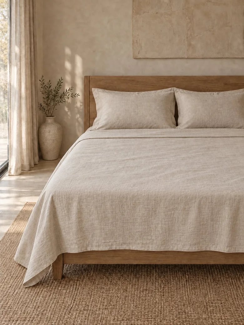 Linen-cotton sheet set in Natural linen on a wooden bed