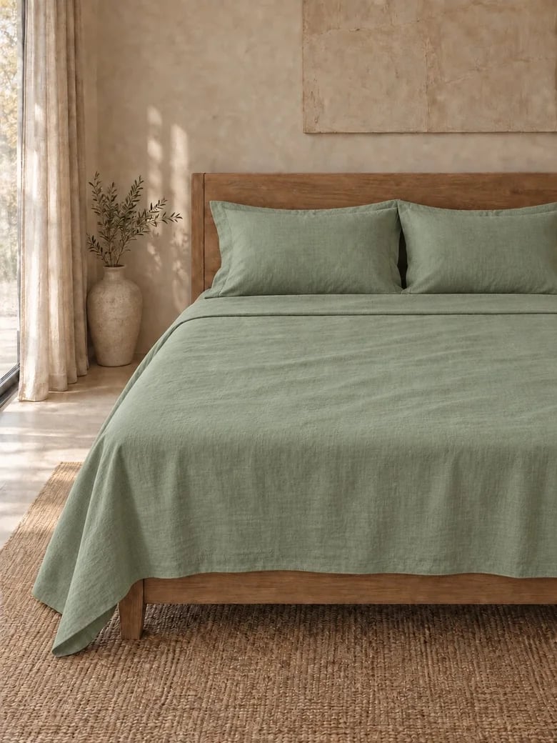 Linen-cotton sheet set in Sage on a wooden bed