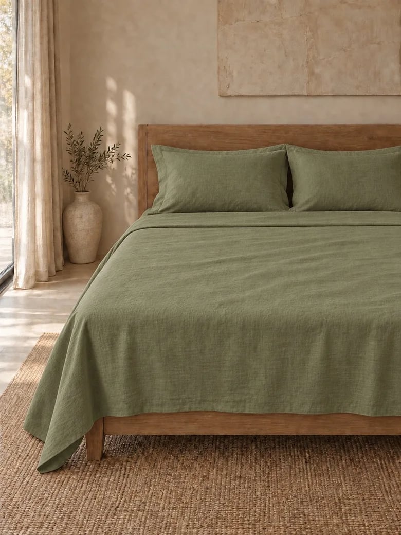 Linen-cotton sheet set in Olive on a wooden bed