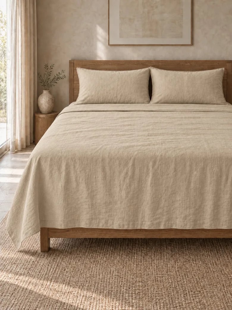 Linen sheet set in Natural linen on a wooden bed