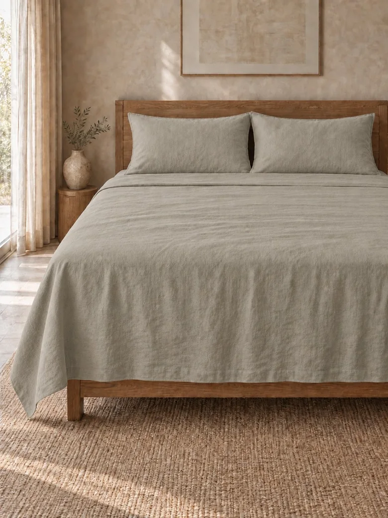 Linen sheet set in Stone on a wooden bed